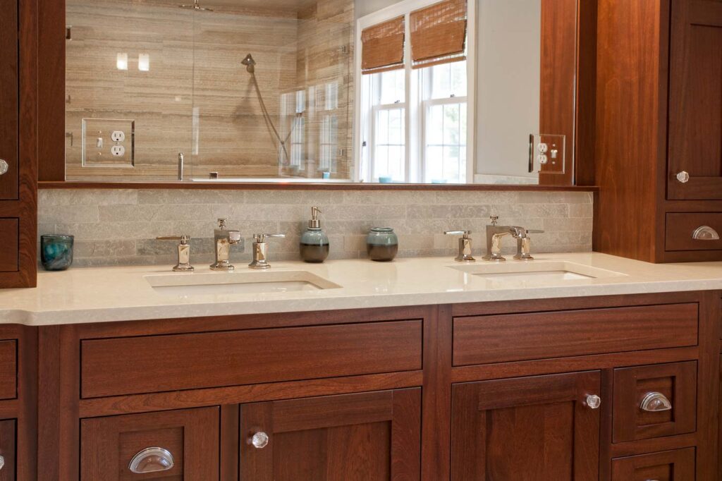 Mahogany cabinetry with quartz tops