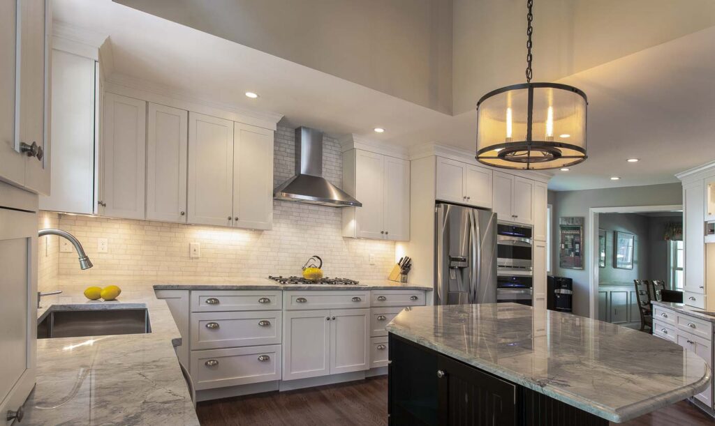 Center angled island and white cabinetry