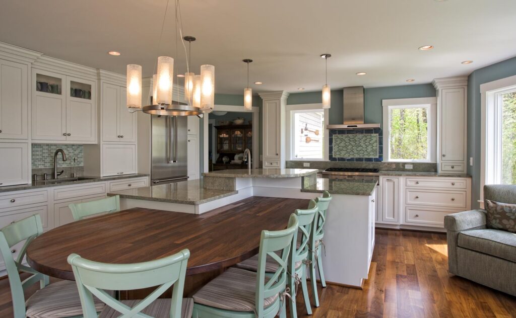 White kitchen with multilevel island